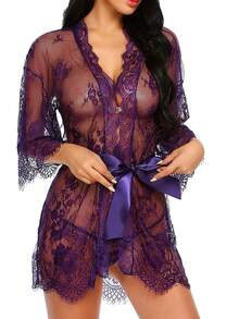 Lencería De Encaje Para Mujer, Ropa De Noche Exótica Transparente - Morado - Ver 4