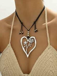 時尚復古戲劇性大型心形中空花卉設計12星座花誕生石吊墜項鍊,適合日常穿著和派對,作為友誼禮物 - 黑色 - 查看 9
