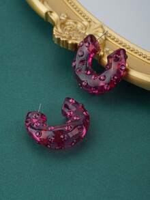 1 對時尚高端樹脂水鑽裝飾耳環適合女士日常佩戴 - 玫紅色 - 查看 3