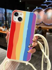 1pc Rainbow Striped Crossbody Strap Lanyard Phone Case Compatible With Iphone 11 12 13 14 15 Pro Max, Full Coverage Protective Case Included - Multicolor - View 3