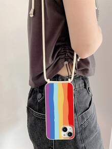 1pc Rainbow Striped Crossbody Strap Lanyard Phone Case Compatible With Iphone 11 12 13 14 15 Pro Max, Full Coverage Protective Case Included - Multicolor - View 2