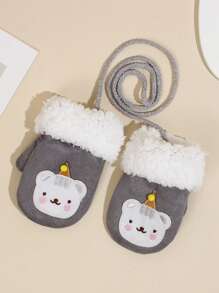 1 雙可愛秋冬兒童手套,加厚,掛脖設計,卡通圖案,男女通用 - 灰色 - 查看 2