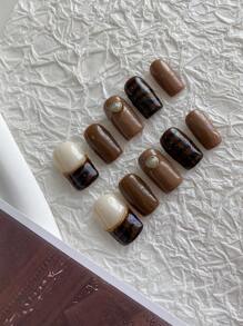 10pcs Short Square-Shaped False Nails With Black Brown Color Block & Graphic Design, Handmade & Removable & Reusable, Suitable For Girls And Women - Multicolor - View 4