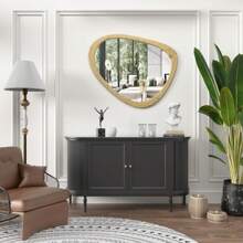 34" X 26"Asymmetrical Natural Wood Wall Frame Mirror,Irregular Mirror,Abstract Assymetrical Decorative Mirror,For Living Room Bedroom Bathroom Home Decor