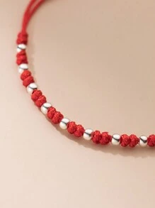 HuooNew 1pc Minimalist 925 Sterling Silver Beaded Red Rope Bracelet For Daily Wear, Adjustable