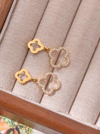 1pair Fashionable & Elegant Zirconia Hollow-Out Lucky Clover Design Pendant Earrings Suitable For Women's Daily Wear Valentines