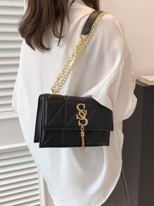 时尚格纹拼接压壳金属翻盖女士包多功能单肩斜挎包配金属流苏和S形字母装饰，适合上班，小方包 - 黑色 - 查看 8