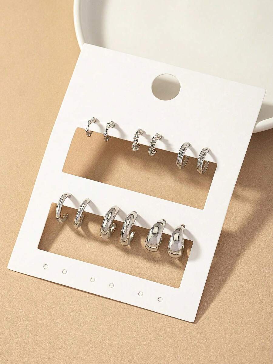 6 Pairs Of Geometric And Creative, Fashionable, Cold-Toned, Minimalist, Versatile, Exquisite And Delicate Earrings, Suitable For Women For Daily Wear. - Silver - View 1
