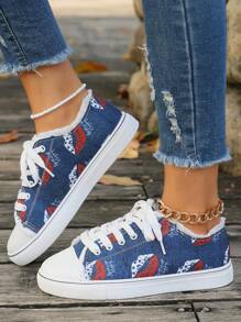 歐美風格女子戶外運動休閒帆布鞋,綁帶款平底圓頭心形印花運動鞋,大尺寸43 - 彩色 - 查看 1