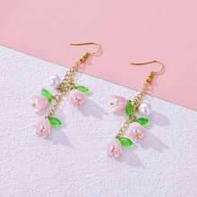 1 Par De Aretes Colgantes Hechos A Mano Con Flores De Campanita Rosa, Flores De Trompeta Y Perlas - Rosa - Ver 3