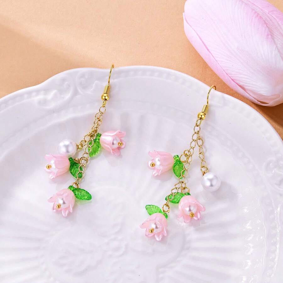 1 Par De Aretes Colgantes Hechos A Mano Con Flores De Campanita Rosa, Flores De Trompeta Y Perlas - Rosa - Ver 1