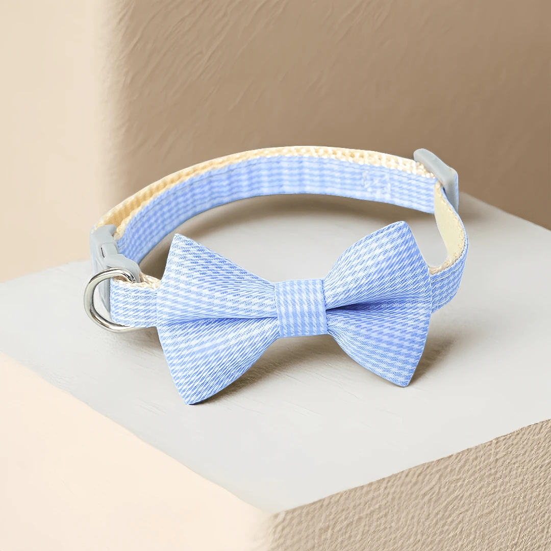 Collar De Mascota, Con Diseño De Cuadros De Gingham Y Lazo, Cierre De Hebilla Para Perros Y Gatos - Azul - Ver 1