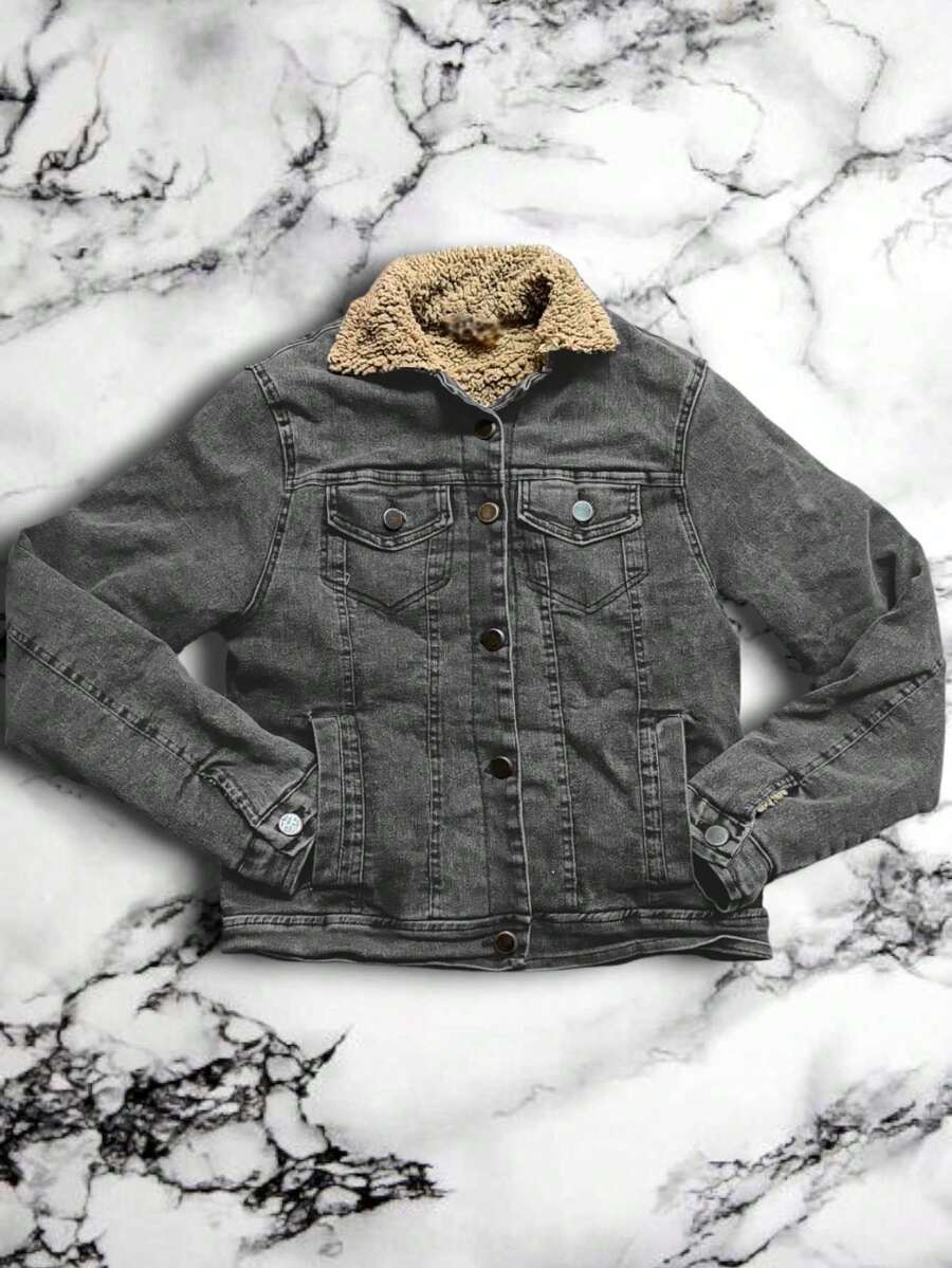 Chamarra De Mezclilla Cazadora Para MUJER Aborregada Caliente Forro Termico Bolsillos - Gris - Ver 1