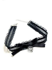 1個女士哥特風格黑色蕾絲頸帶,帶有愛心和吊墜設計,適合派對、攝影、度假旅行等多種場合 - 黑色 - 查看 1