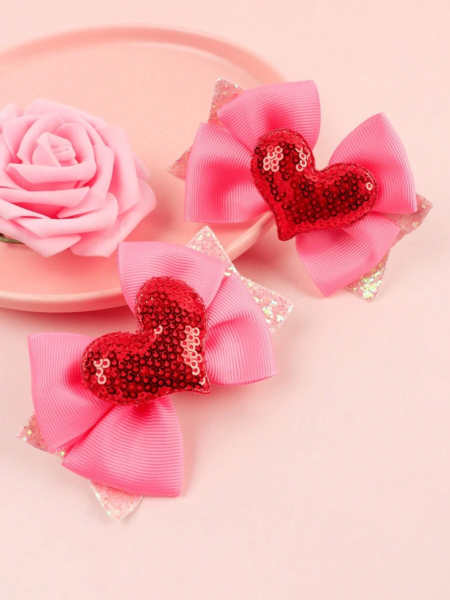 2入組情人節髮夾心形髮結裝飾髮飾，適用於女孩和女性 - 彩色 - 查看 1