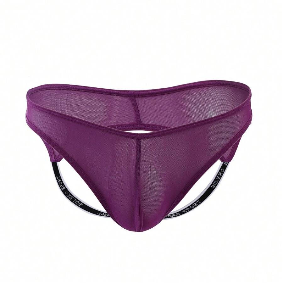 Men's Sexy Fashionable See-Through Mesh Hollow Out Briefs With Double Straps - Purple - View 1