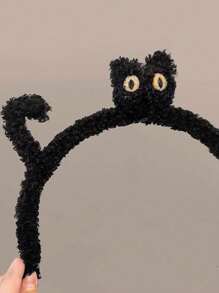 1入組卡通貓毛絨潔臉頭帶女士用,秋冬季節 - 黑色 - 查看 5