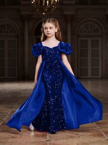 闪亮泡泡袖美人鱼尾连衣裙，网纱拼接亮片点缀，优雅正式礼服，适合正式晚宴、选美比赛、庆典等场合。 - 寶藍色 - 查看 6