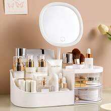 Drawer-Type Cosmetic Storage Box, Desktop Dressing Table Makeup Mirror Skincare Organizer - White - View 3
