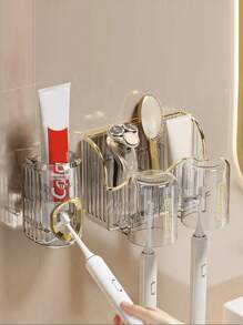 豪華壁掛式牙刷架套裝,帶自粘多功能浴室收納架、牙膏挤压器和漱口杯架 - 透明白色 - 查看 4