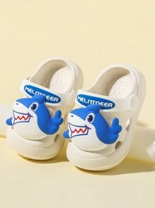 1pair Children's Hollowed-Out Shoes Summer Cute Shark Cartoon Boys' Indoor/Outdoor Slippers For Toddler Baby Kids - White - View 1