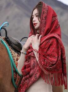 1pc Ladies' Holiday Shawl Scarf, Autumn & Winter Faux Cashmere Wrap, Thickened Warm Paisley Pattern Neck Warmer Cape - Red - View 2