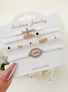 4 件时尚圣母玛利亚手工编织手链 适合女士女孩 邪眼心形珠子脚链 珠宝礼物 情人节 - 白色 - 查看 1