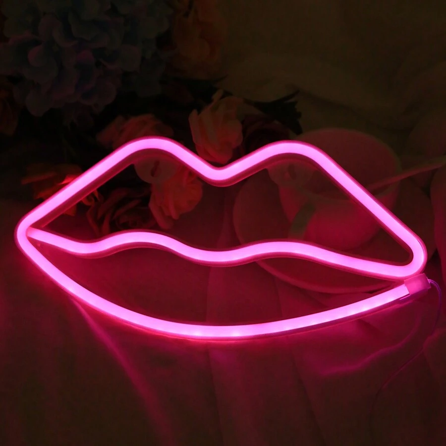 1pc Lip-Shaped LED Neon Mirror Sign - Gorgeous Vibrant Pink Light For Bedroom, Girls' Room, Party, Studio & Store - Ideal Valentine's Day & Unique Birthday Gift, Romantic Ambiance Creator - Pink - View 1