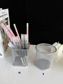 1個鐵製筆筒桌面組織桶,空心圓/正方形設計,簡約多功能辦公文具,適用於學生,彩色設計 - 銀色 - 查看 8