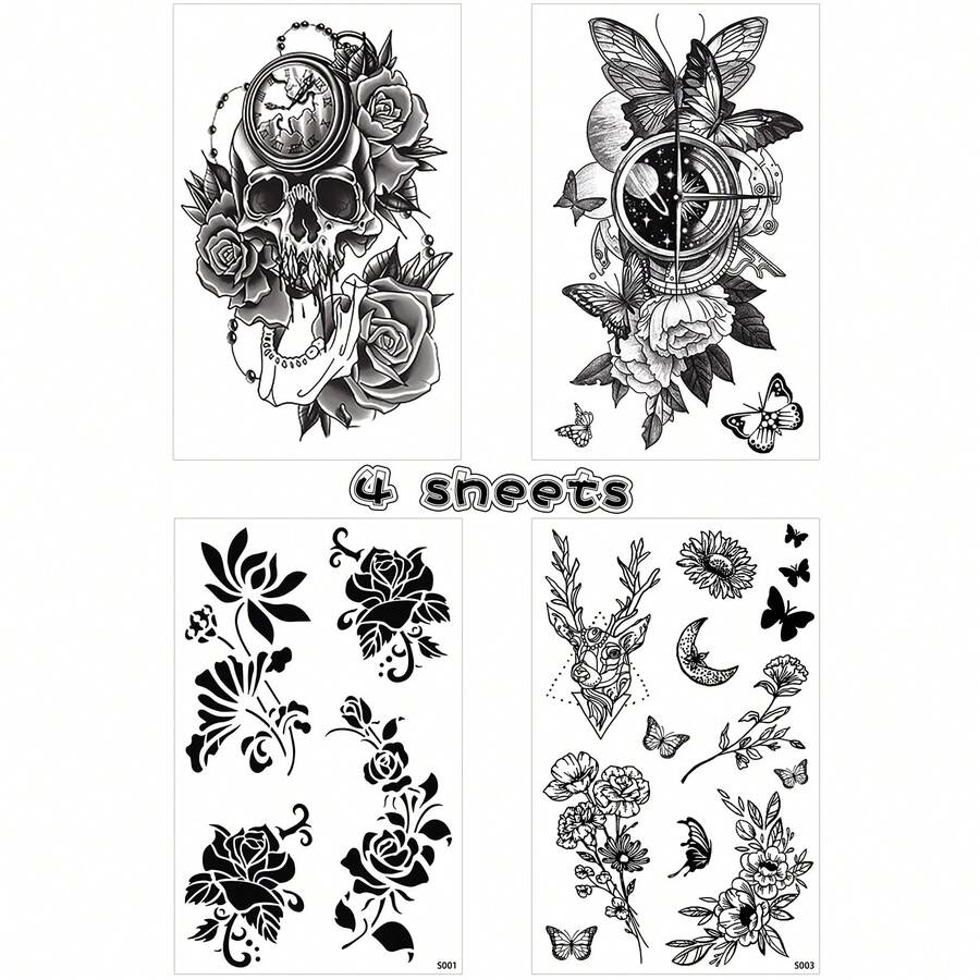 4 Half Arm Temporary Tattoos Sleeve Tattoos Waterproof Realistic Long