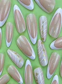 24 件/套 按壓式指甲,歐美風格,法式尖頭帶金線和閃光,適合女士和女孩,適合日常穿著和任何場合 - 白色 - 查看 3