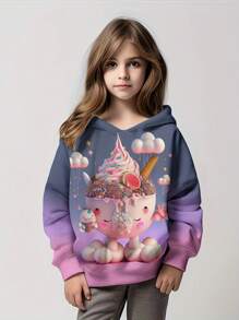 新品欧美风春秋幼儿女童时尚卡通冰淇淋印花连帽休闲运动衫 - 彩色 - 查看 1