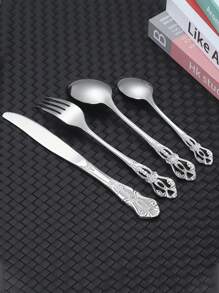 4入組復古英國宮廷風格銀餐具組(304),高端西式皇家餐具組,不銹鋼中空浮雕手柄湯匙叉刀,可使用洗碗機 - 銀色 - 查看 5