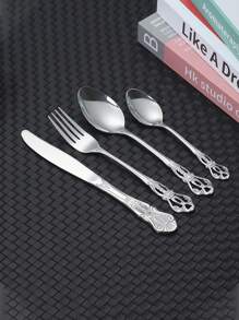4入組復古英國宮廷風格銀餐具組(304),高端西式皇家餐具組,不銹鋼中空浮雕手柄湯匙叉刀,可使用洗碗機 - 銀色 - 查看 1
