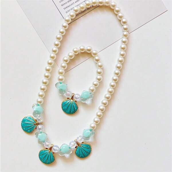 Children'S Pearl Necklace And Bracelet Set, Shell Shape Necklace, Girls