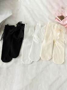 3對蝴蝶結蕾絲邊襪子,可愛的日系jk中筒襪,女人專用 - 灰色 - 查看 8