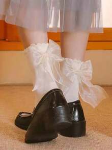 3對蝴蝶結蕾絲邊襪子,可愛的日系jk中筒襪,女人專用 - 灰色 - 查看 3