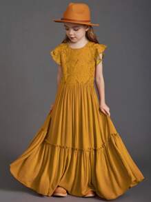 Tween Girls' Patchwork Lace Short Flutter Sleeve Dress With Ruffled Trim - Coffee - View 4