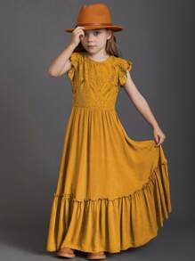 Tween Girls' Patchwork Lace Short Flutter Sleeve Dress With Ruffled Trim - Coffee - View 5