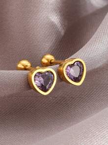 1對時尚簡約不鏽鋼心形立方氧化鋯裝飾耳釘,適用於女孩甜美派對珠寶,兒童生日禮物 - 金黃色 - 查看 4