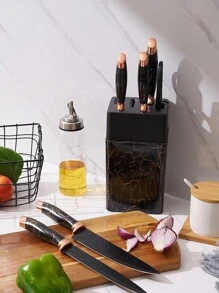 7 Pcs/Set Knife Set With Knife Block Set, 7-Piece Chef's Knife Set With Knife, Scissors, Knife Block - Black - View 2