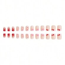 24入組短款火焰和心形設計法式假指甲,極簡主義粉紅唇形設計假指甲與果凍膠和指甲文件,情人節禮物 - 彩色 - 查看 3