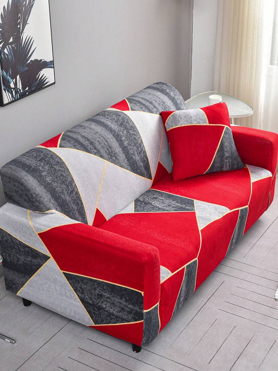 1件幾何圖案彈性沙發套,現代風格涤纶面料,機洗可,適用於四季 - 紅色 - 查看 1