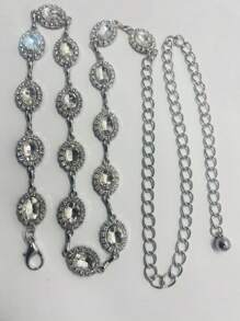 時尚單排簡約鑽石腰鍊,韓風裝飾鍊,肚皮舞女式牛仔褲腰帶 - 銀色 - 查看 4