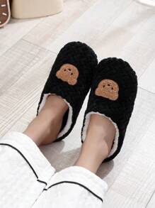 1 双女士软底舒适可爱熊拖鞋，轻便室内毛绒拖鞋，优雅学院风格，适合秋冬季 - 黑色 - 查看 2