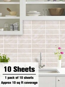 10 件/套防水矩形图案 3D 纹理墙板 DIY 瓷砖，可移除自粘墙砖贴纸厨房浴室后挡板用于节日布置，翻新贴纸剥离墙板、墙纸、壁纸、春季装饰品让您的家焕然一新，拉玛装饰贴纸 - 米色 - 查看 1