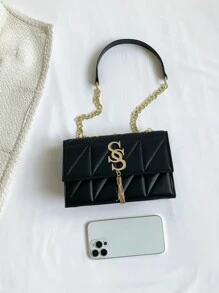 时尚格纹拼接压壳金属翻盖女士包多功能单肩斜挎包配金属流苏和S形字母装饰，适合上班，小方包 - 黑色 - 查看 3
