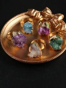 1只隨機顏色精美的天然石頭橢圓形水晶芽可調節戒指,迷人的女士男士珠寶飾品,適用於送禮