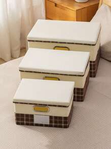 1pc Simple Style Grid Pattern Storage Box, Ideal For Clothes And Toys Organization - Brown - View 3