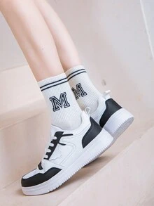 Women's Flat Non-Slip Breathable Solid Color Casual Shoes, PU Leather Low Top Lace Up Low Heel Fashion Elegant Athletic Sneakers, Commuting, Black & White - Black and White - View 2